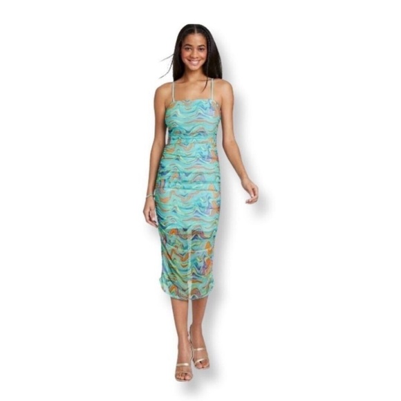 Wild Fable Blue Orange Yellow Swirl Rouched Mesh Maxi Dress Size XXL - Picture 1 of 9